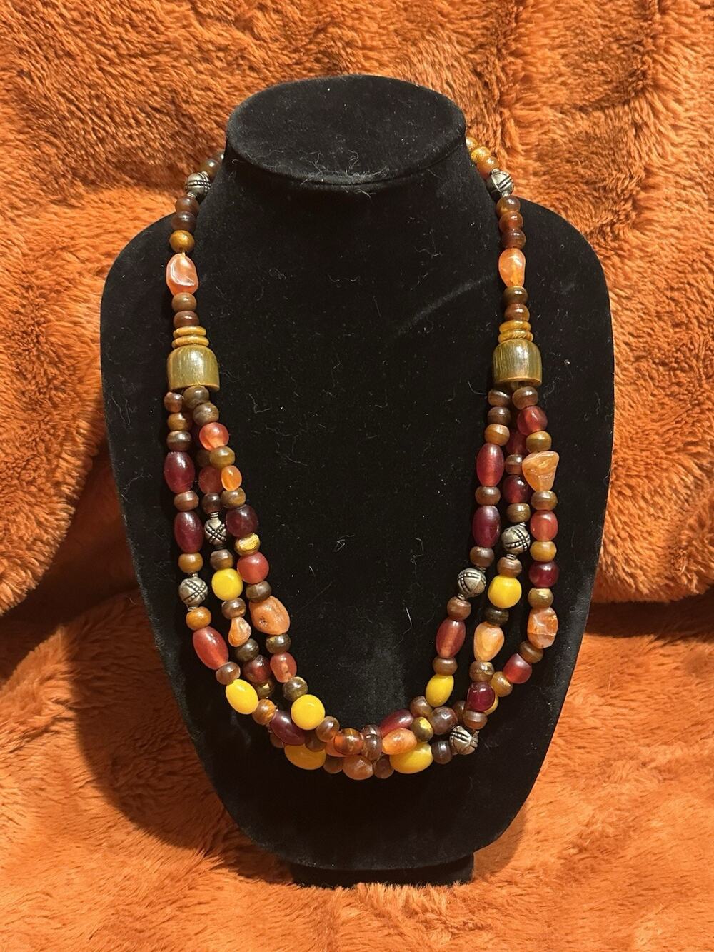 Vintage 3 Strand Stunning Beaded Necklace Boho Chunky Retro Amber Yellow Brown